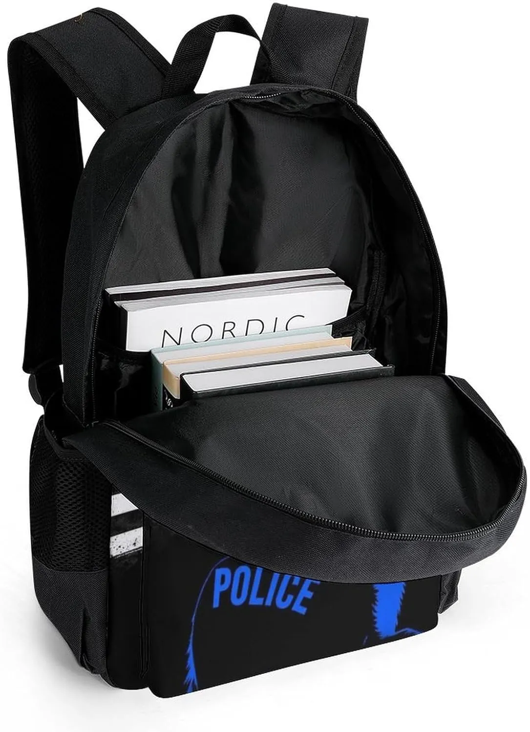 Men Women Lightweight American Thin Blue Line Police Dog Flag Black Backpack Large Capacity Bookbag With Smooth Zippers for Gym Business Running
