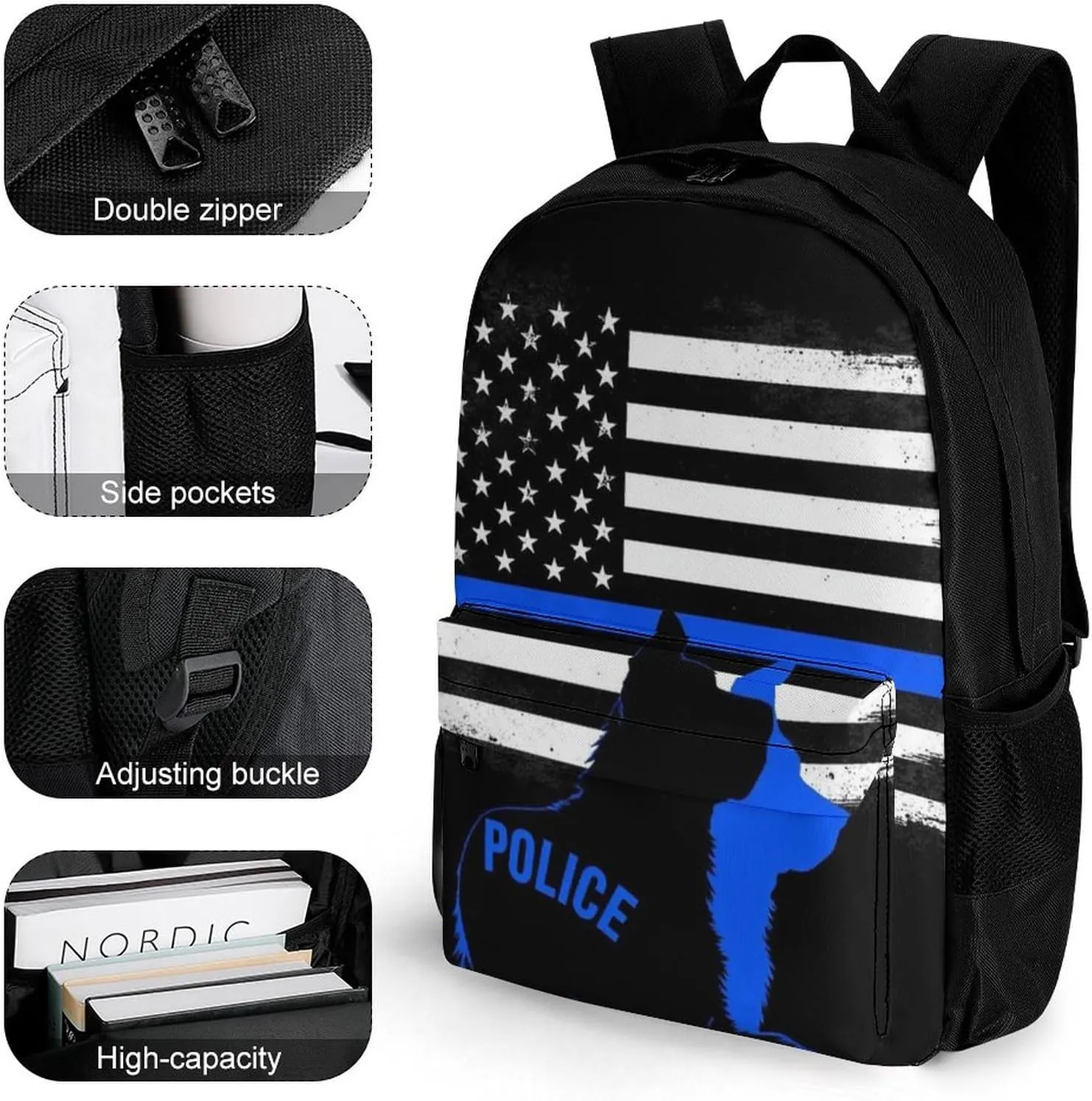 Men Women Lightweight American Thin Blue Line Police Dog Flag Black Backpack Large Capacity Bookbag With Smooth Zippers for Gym Business Running