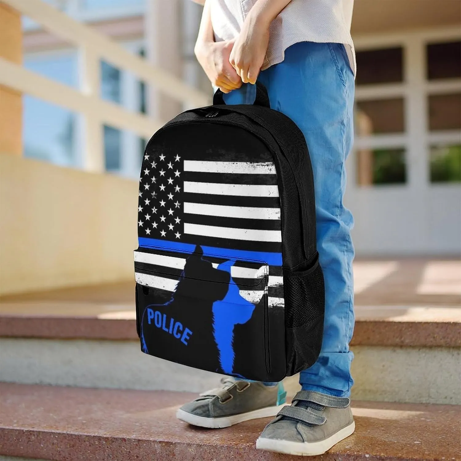 Men Women Lightweight American Thin Blue Line Police Dog Flag Black Backpack Large Capacity Bookbag With Smooth Zippers for Gym Business Running