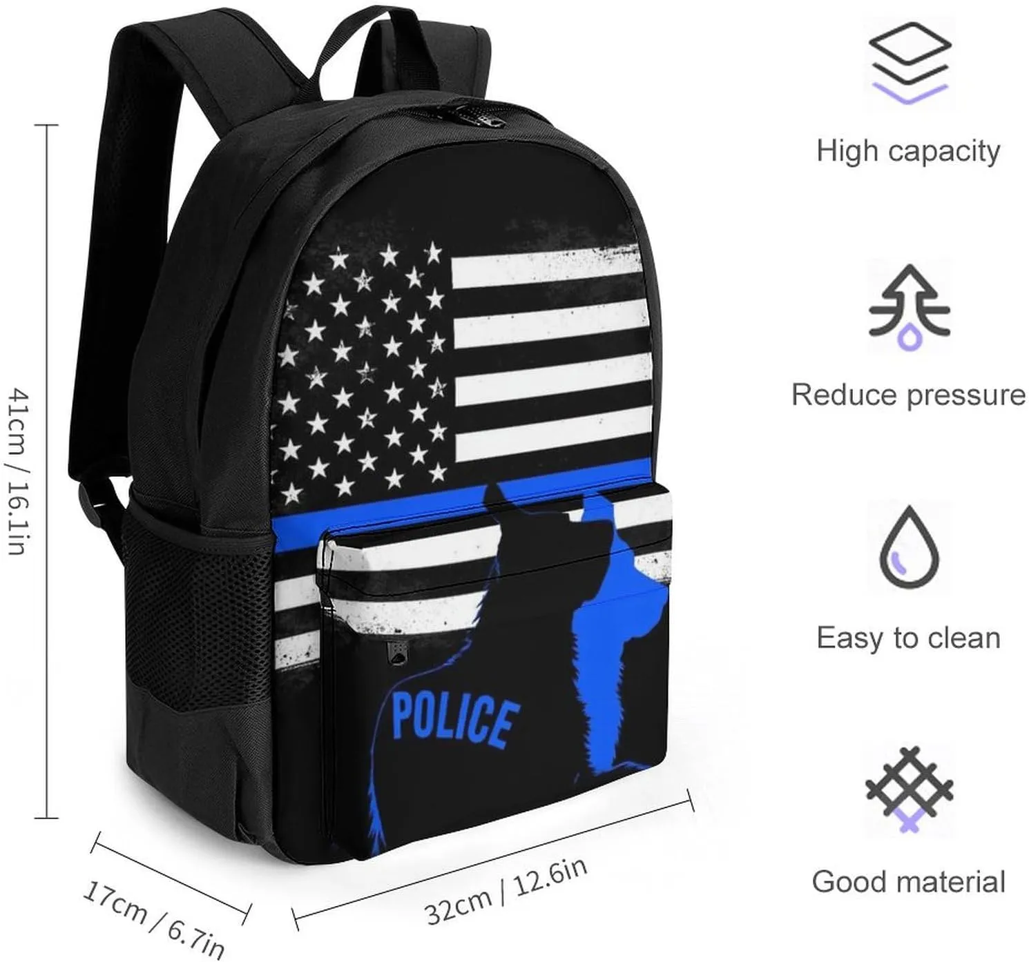 Men Women Lightweight American Thin Blue Line Police Dog Flag Black Backpack Large Capacity Bookbag With Smooth Zippers for Gym Business Running