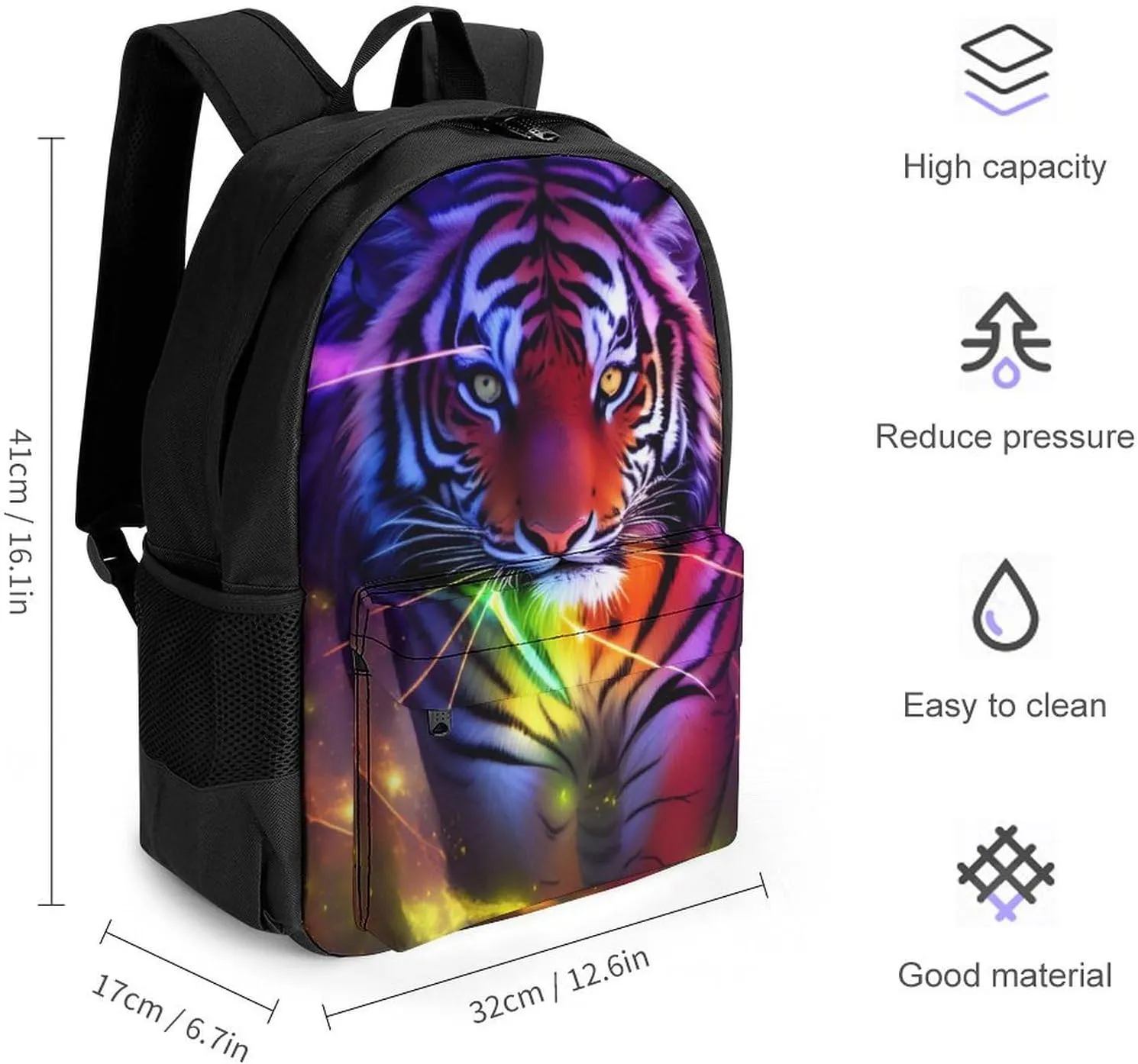 Men Women Lightweight Beautiful Wild Animal Tiger Abstract Art Daypack Bookbag Big Capacity Carry On Bag With Side Pockets for Camping Travel Bicycle