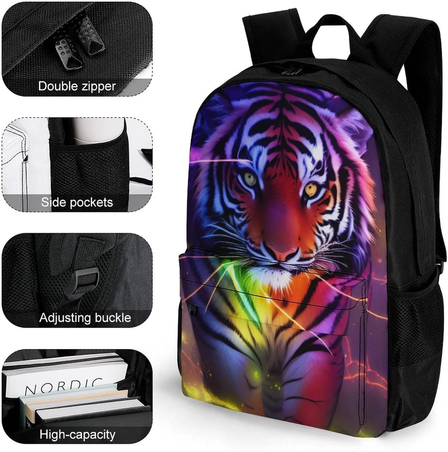 Men Women Lightweight Beautiful Wild Animal Tiger Abstract Art Daypack Bookbag Big Capacity Carry On Bag With Side Pockets for Camping Travel Bicycle