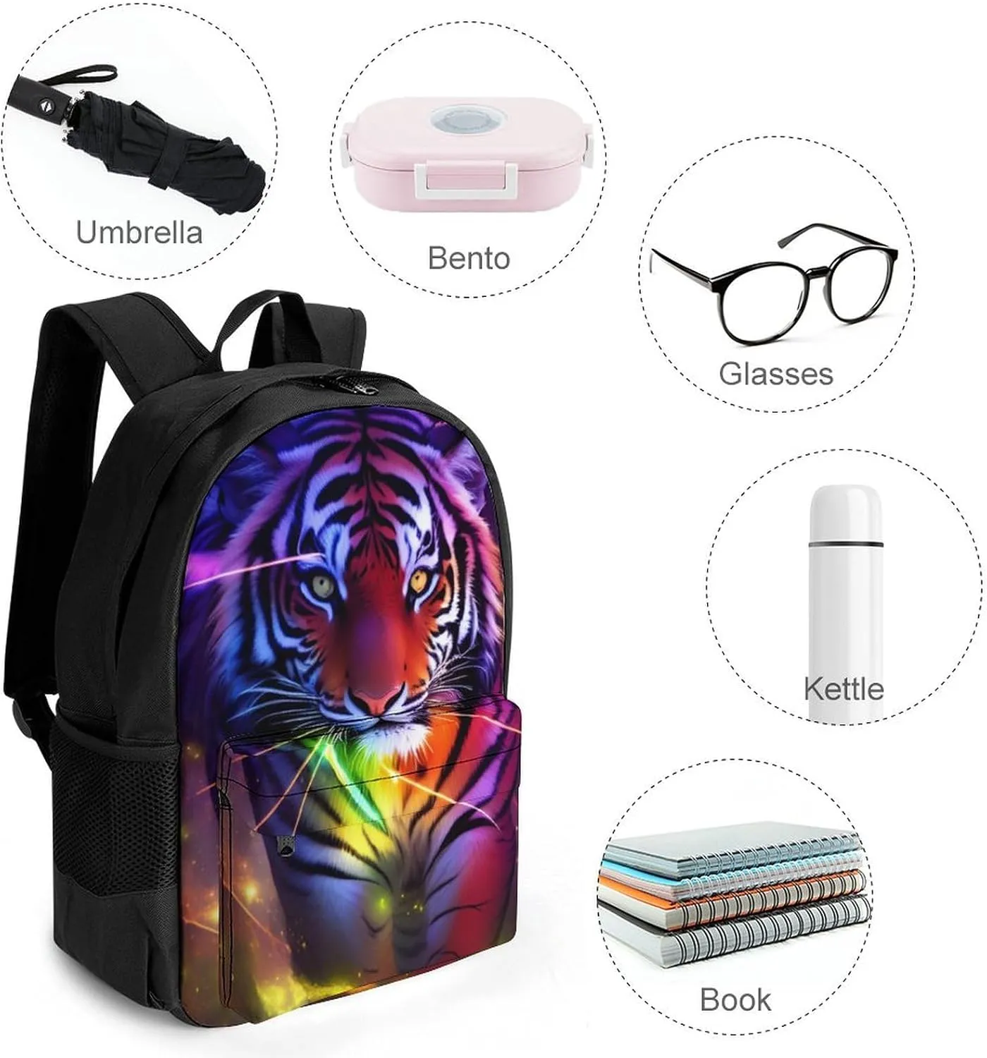 Men Women Lightweight Beautiful Wild Animal Tiger Abstract Art Daypack Bookbag Big Capacity Carry On Bag With Side Pockets for Camping Travel Bicycle