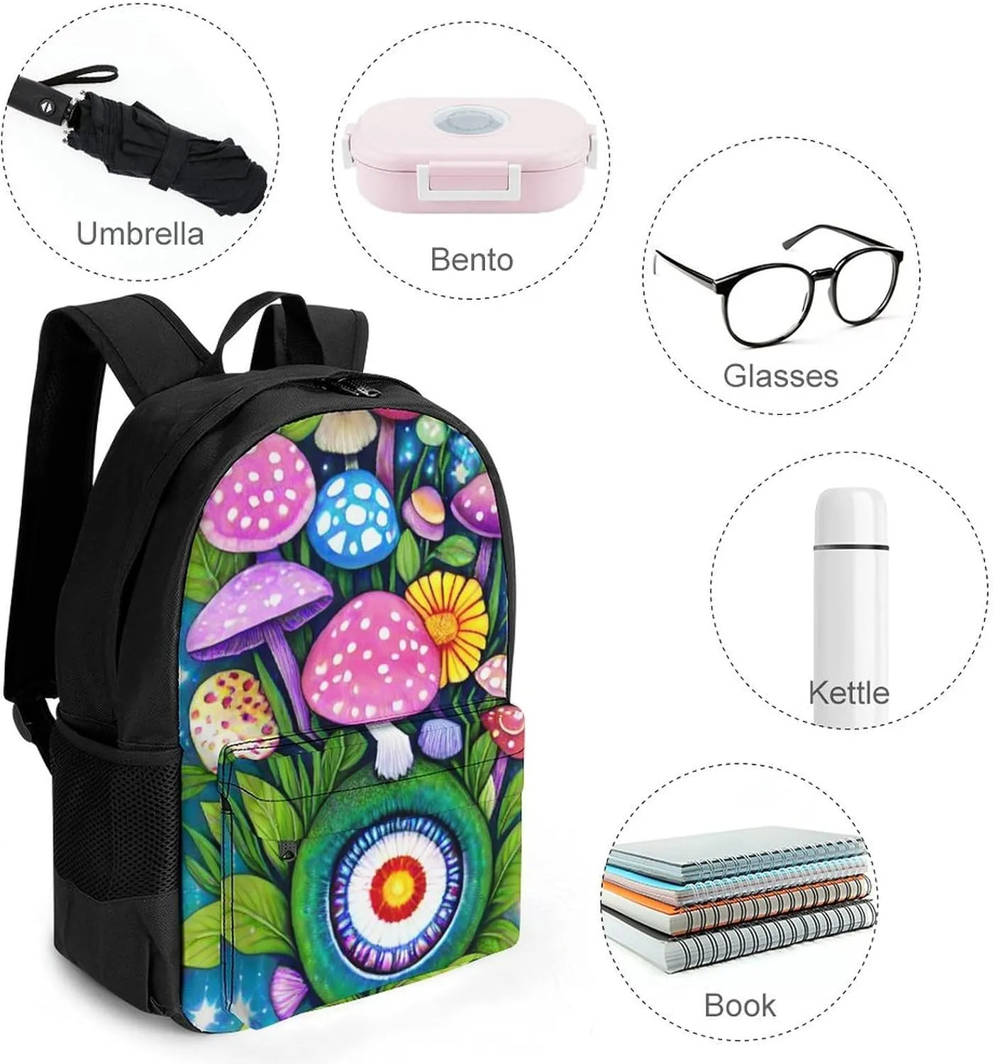 Men Women Lightweight Mushroom Floral Plant Butterfly Snake Galaxy Space Art Daypack Bookbag Big Capacity Carry On Bag With Side Pockets for Camping Travel Bicycle