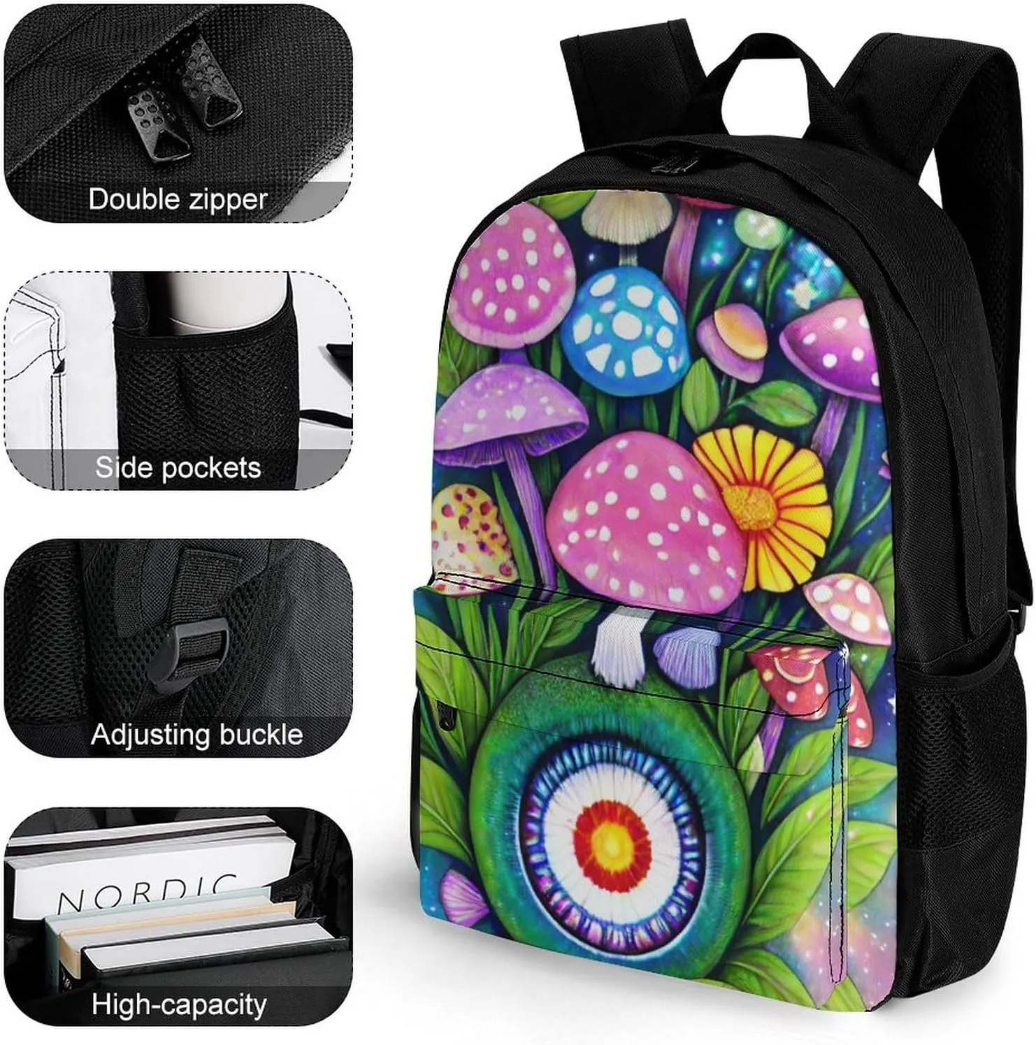 Men Women Lightweight Mushroom Floral Plant Butterfly Snake Galaxy Space Art Daypack Bookbag Big Capacity Carry On Bag With Side Pockets for Camping Travel Bicycle