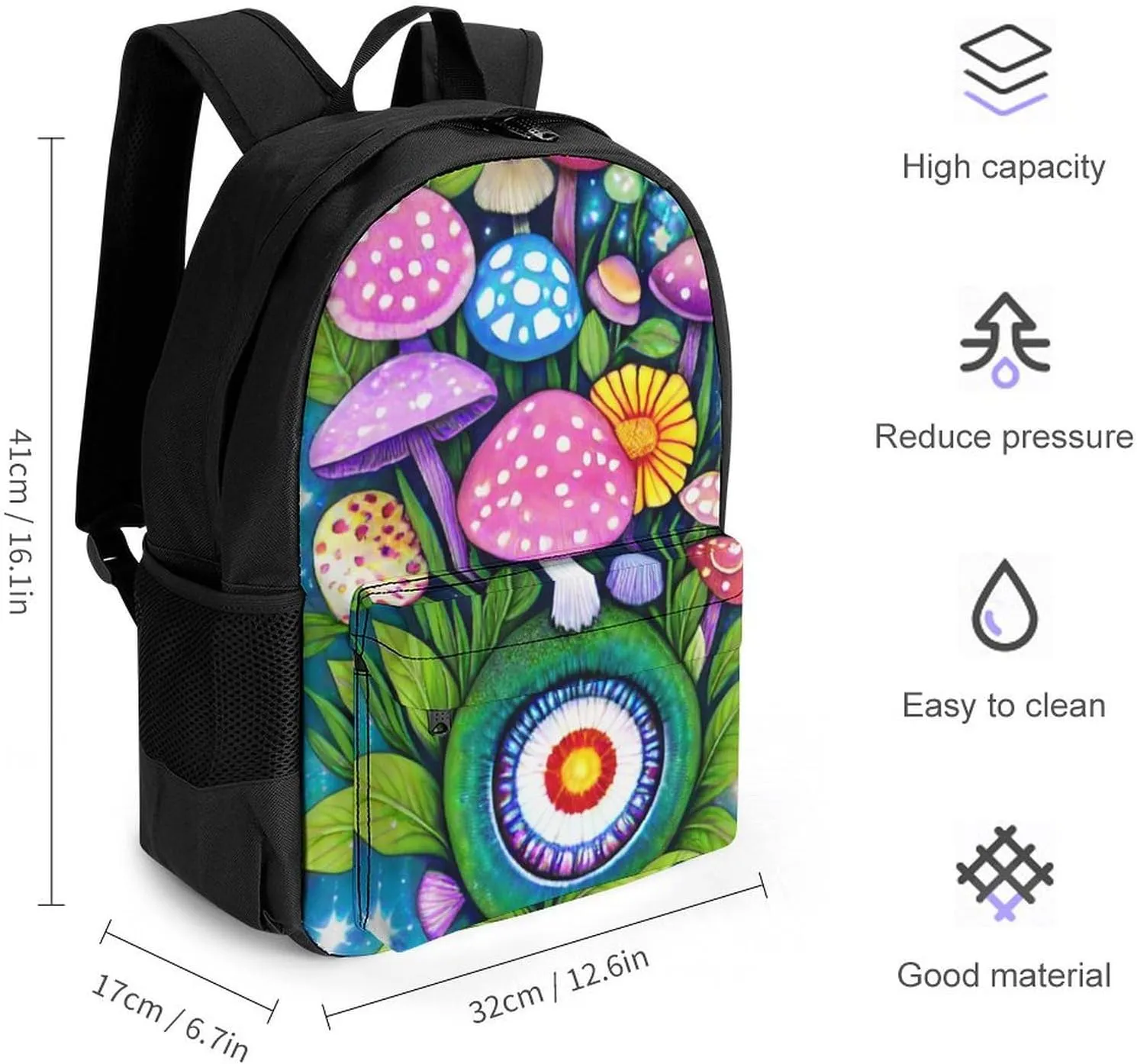 Men Women Lightweight Mushroom Floral Plant Butterfly Snake Galaxy Space Art Daypack Bookbag Big Capacity Carry On Bag With Side Pockets for Camping Travel Bicycle