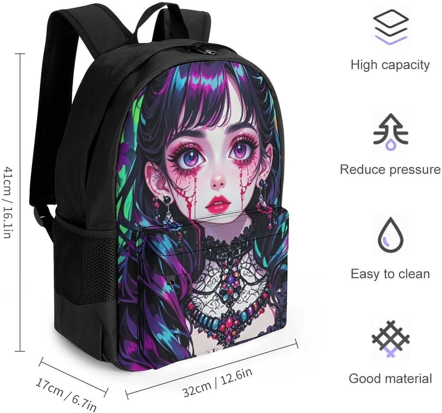 Men Women Polyester Beautiful Women Gothic Woman Skull Neon Art Daypack Backpack Large Capacity Carry On Bag With Smooth Zippers for Hiking Picnic Walking Cycling