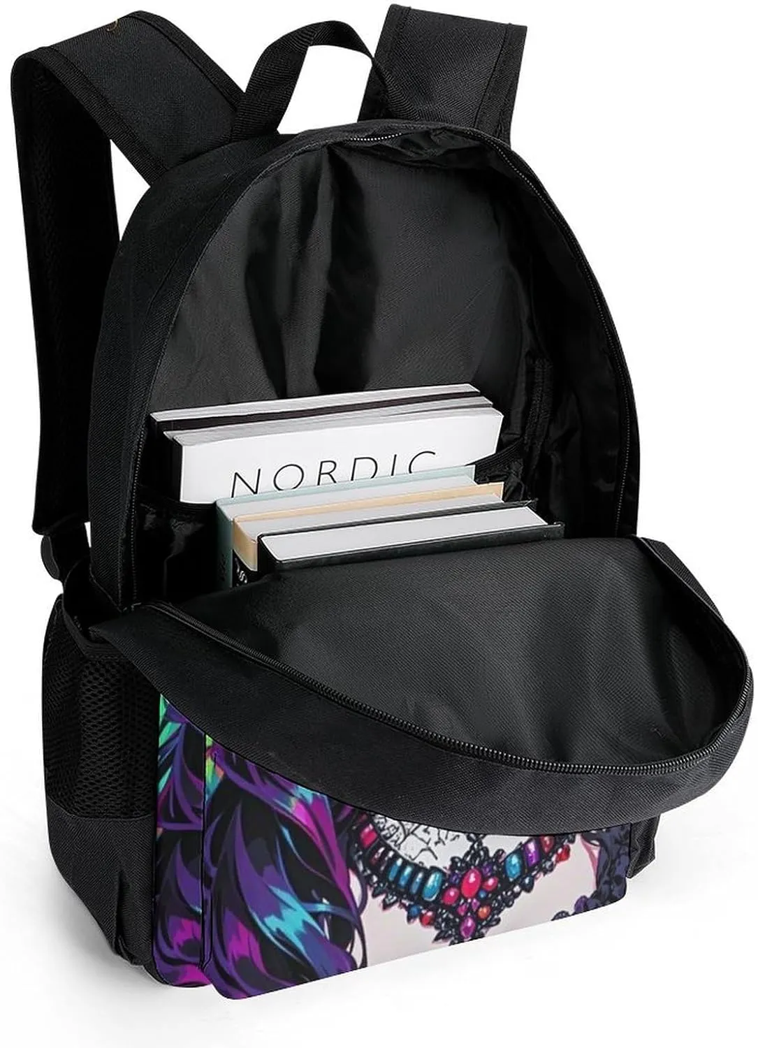Men Women Polyester Beautiful Women Gothic Woman Skull Neon Art Daypack Backpack Large Capacity Carry On Bag With Smooth Zippers for Hiking Picnic Walking Cycling