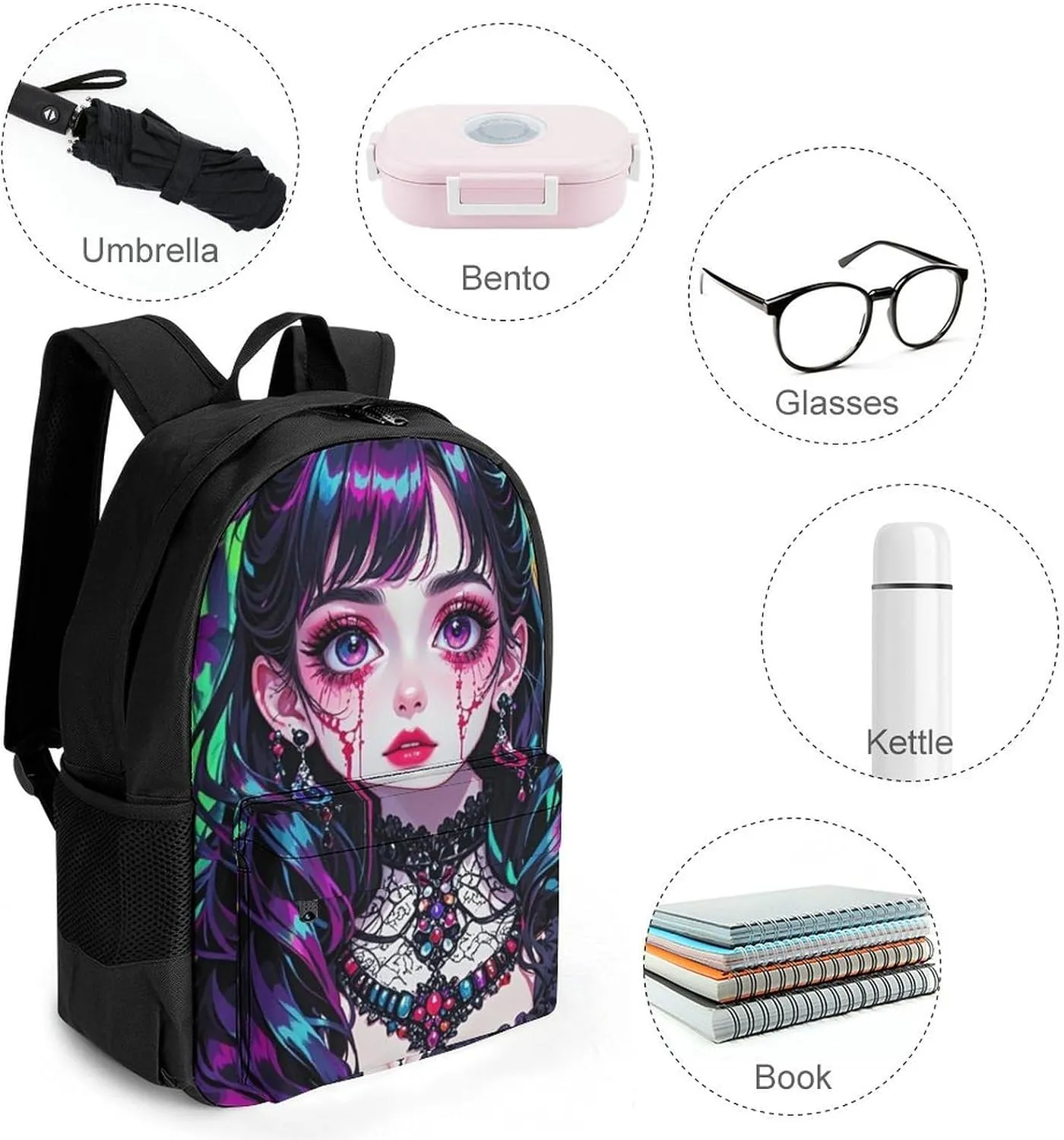 Men Women Polyester Beautiful Women Gothic Woman Skull Neon Art Daypack Backpack Large Capacity Carry On Bag With Smooth Zippers for Hiking Picnic Walking Cycling