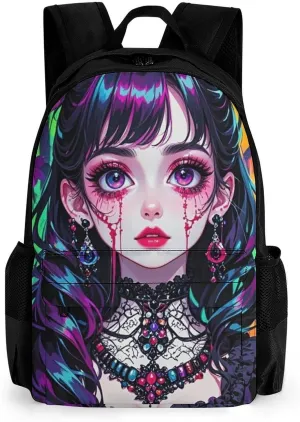 Men Women Polyester Beautiful Women Gothic Woman Skull Neon Art Daypack Backpack Large Capacity Carry On Bag With Smooth Zippers for Hiking Picnic Walking Cycling