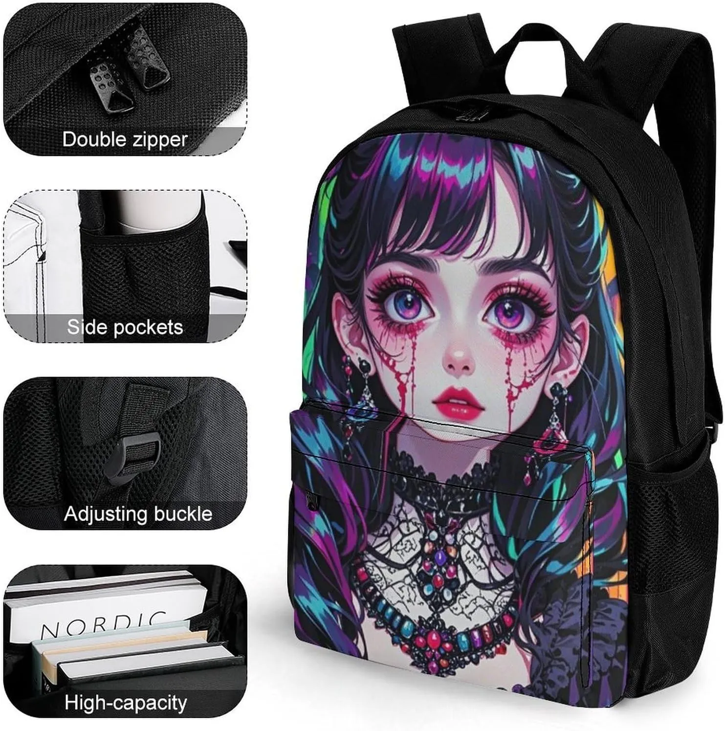 Men Women Polyester Beautiful Women Gothic Woman Skull Neon Art Daypack Backpack Large Capacity Carry On Bag With Smooth Zippers for Hiking Picnic Walking Cycling
