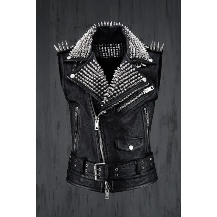 Men's Biker Studded Leather Vest In Black