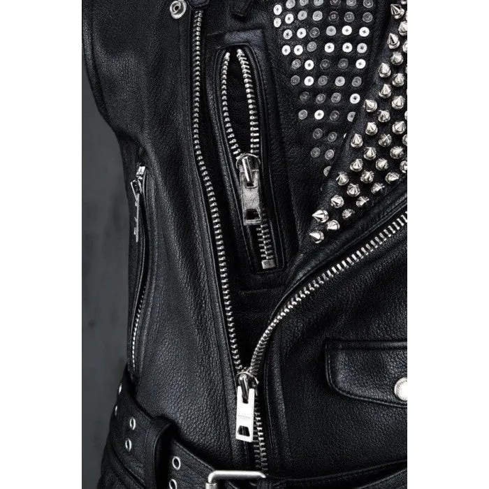 Men's Biker Studded Leather Vest In Black