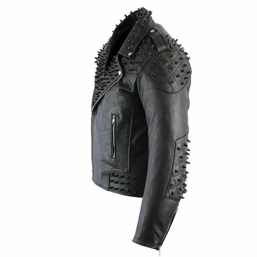 Men's Black Punk Studded Biker Leather Jacket