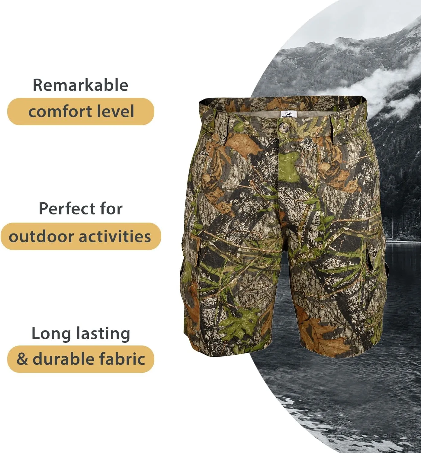 Men's Cargo Shorts - Durable Camo Cargo Shorts for Men-Mens Shorts Cargo with Mossy Oak Print - Ideal for Hiking and Camping