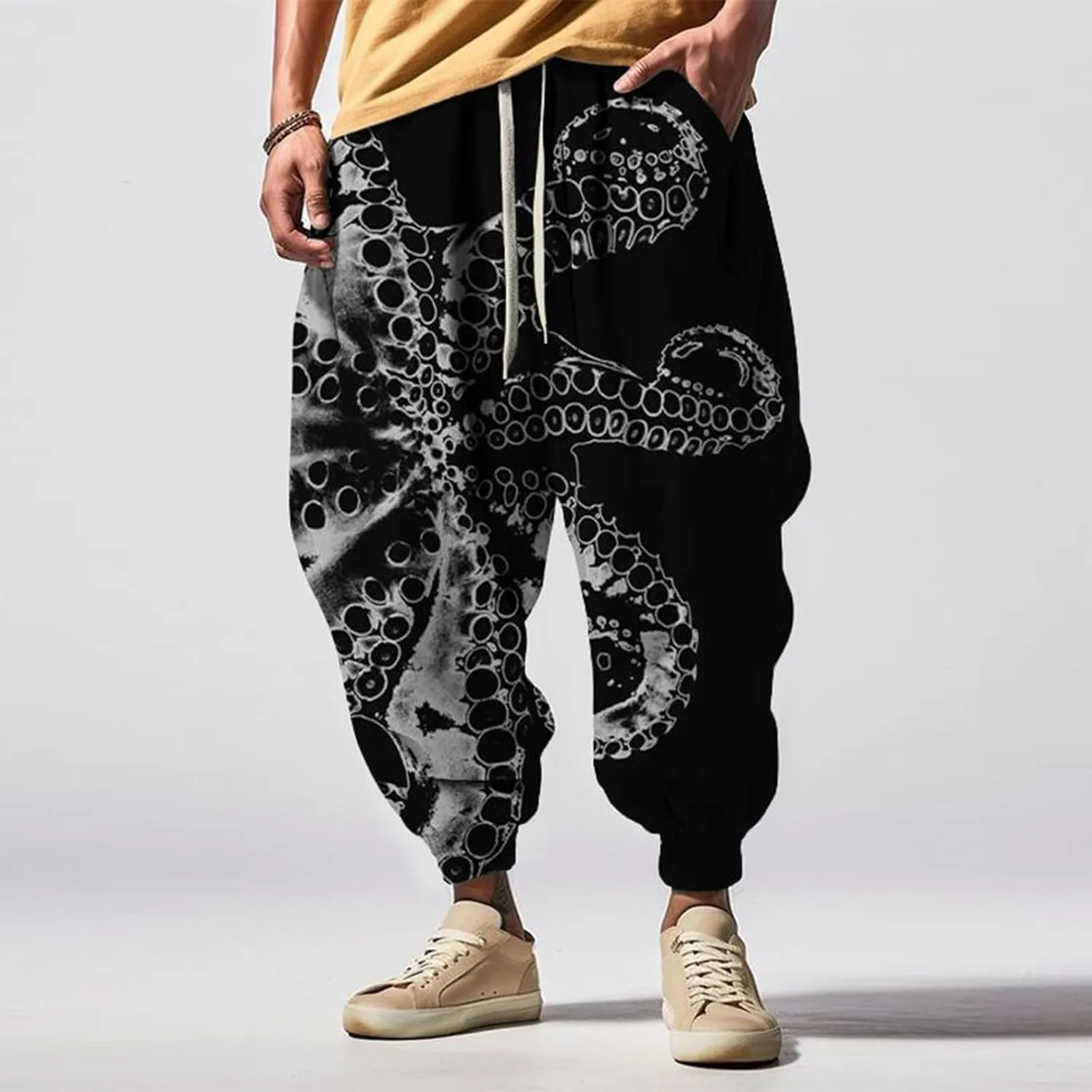 Mens Casual Harem Pants Fashion Street Feel Casual Sweatpants Mens Japanese Art Graphic Printed Casual Pants Linen