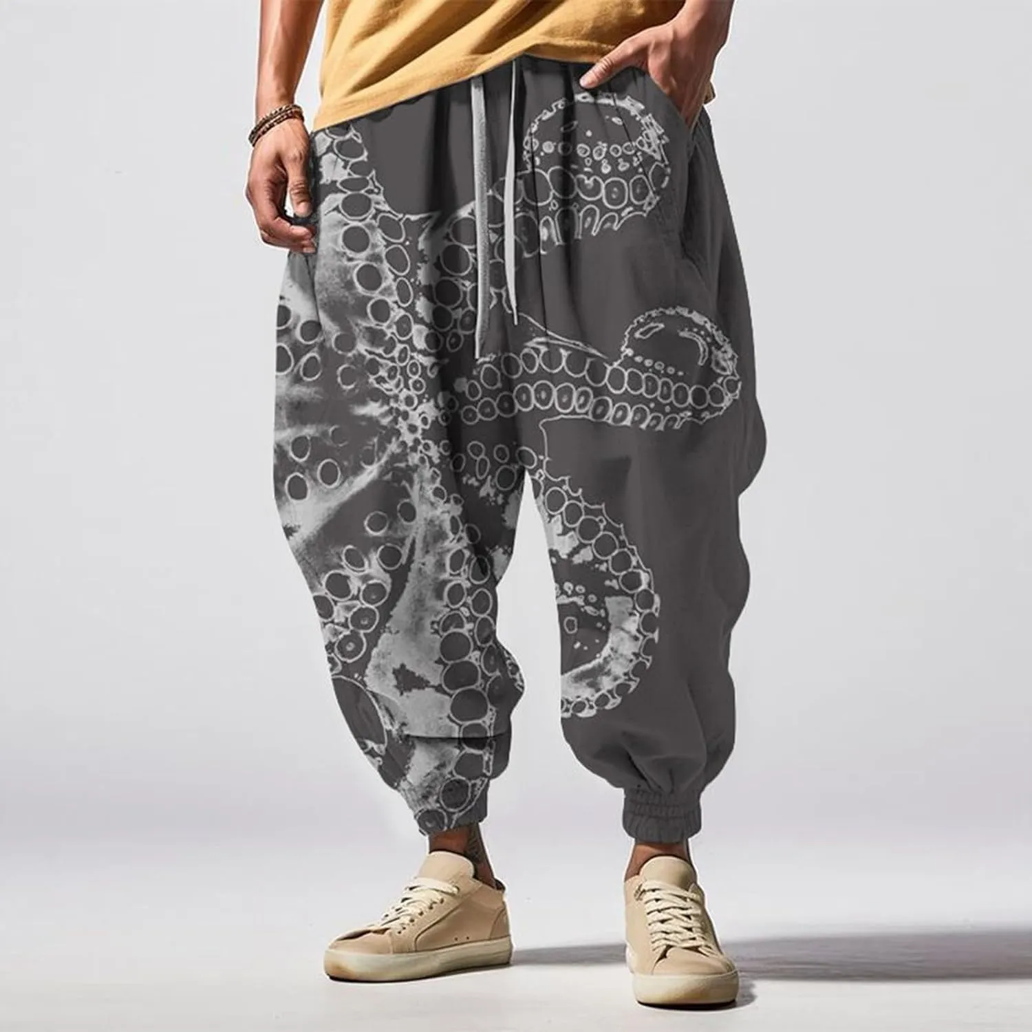 Mens Casual Harem Pants Fashion Street Feel Casual Sweatpants Mens Japanese Art Graphic Printed Casual Pants Linen