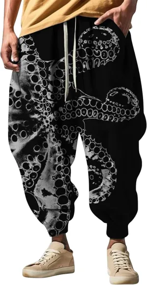 Mens Casual Harem Pants Fashion Street Feel Casual Sweatpants Mens Japanese Art Graphic Printed Casual Pants Linen