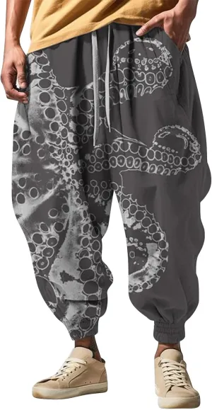Mens Casual Harem Pants Fashion Street Feel Casual Sweatpants Mens Japanese Art Graphic Printed Casual Pants Linen