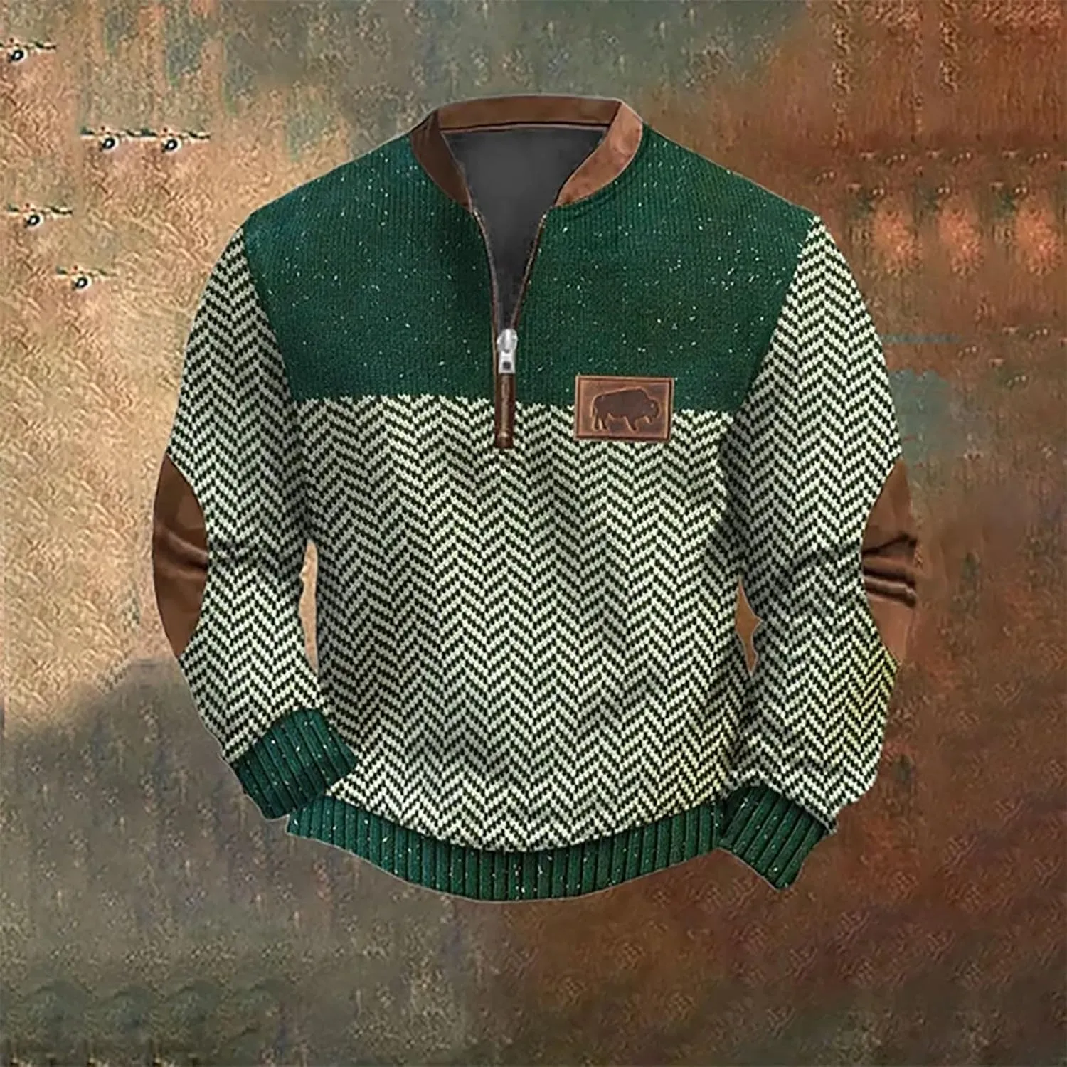 Men's Casual Quarter-Zip Sweaters Outdoor Long Sleeve Slim Fit Designer Retro Knit Pattern Pullover Sweatshirts