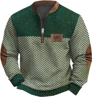 Men's Casual Quarter-Zip Sweaters Outdoor Long Sleeve Slim Fit Designer Retro Knit Pattern Pullover Sweatshirts