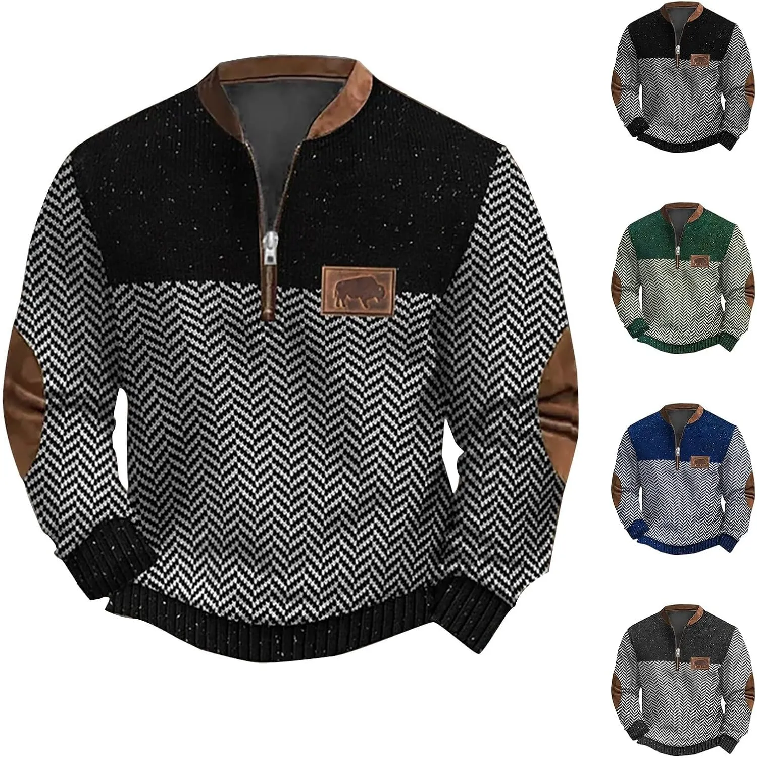 Men's Casual Quarter-Zip Sweaters Outdoor Long Sleeve Slim Fit Designer Retro Knit Pattern Pullover Sweatshirts