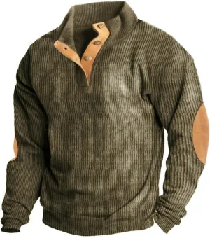 Mens Corduroy Sweatshirt Casual Stand Collar Button Up Pullover Long Sleeve Polo Sweater Shirts with Elbow Patches