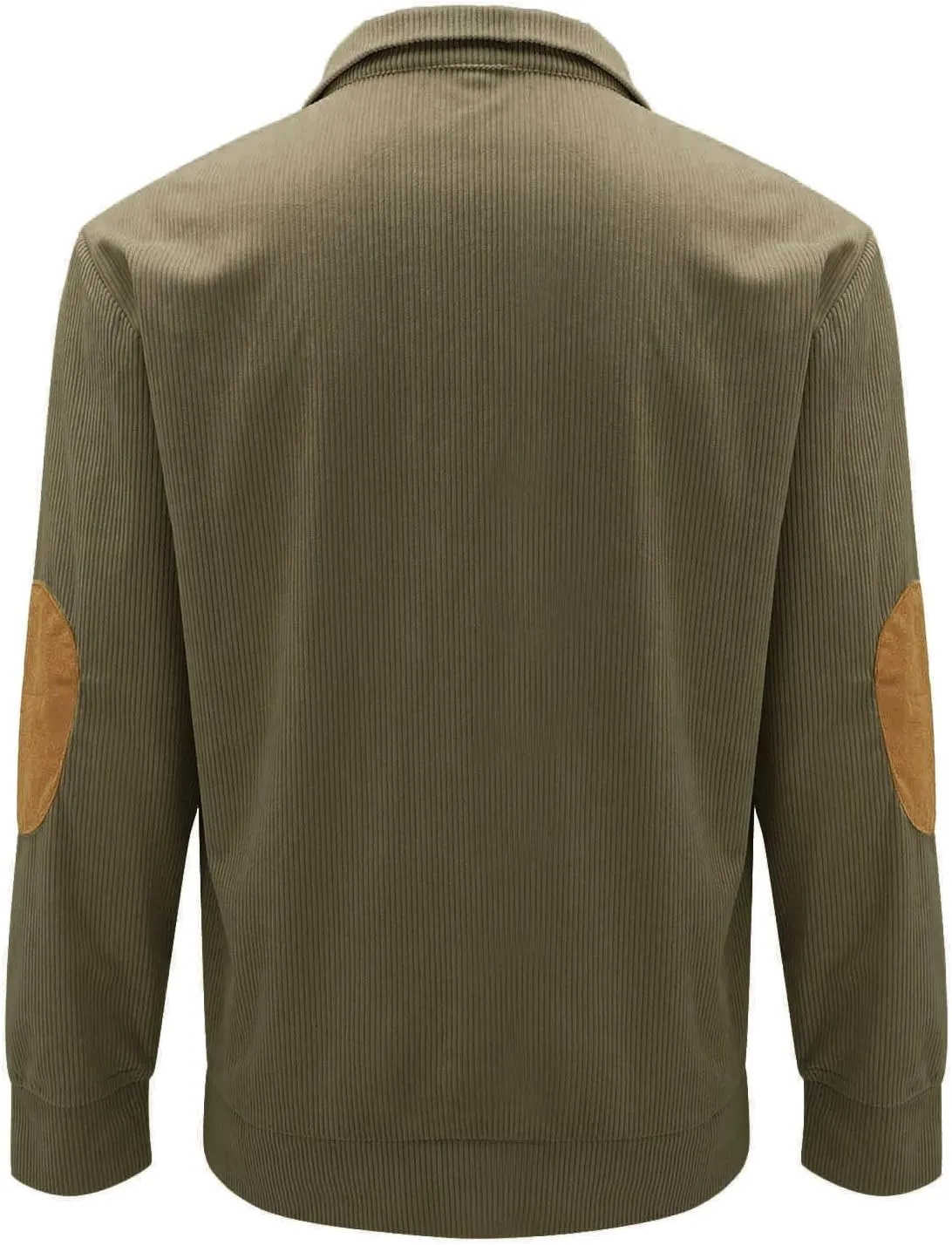 Mens Corduroy Sweatshirt Casual Stand Collar Button Up Pullover Long Sleeve Polo Sweater Shirts with Elbow Patches