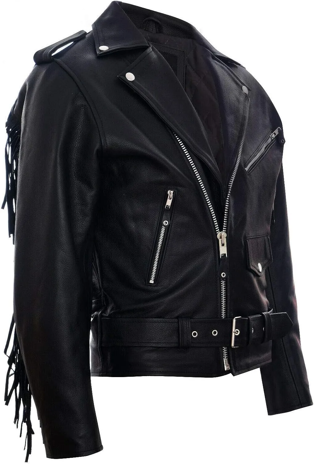 Mens Fringe Hide Leather Brando Tasseled Motorcycle Jacket Retro Biker