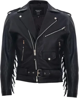 Mens Fringe Hide Leather Brando Tasseled Motorcycle Jacket Retro Biker
