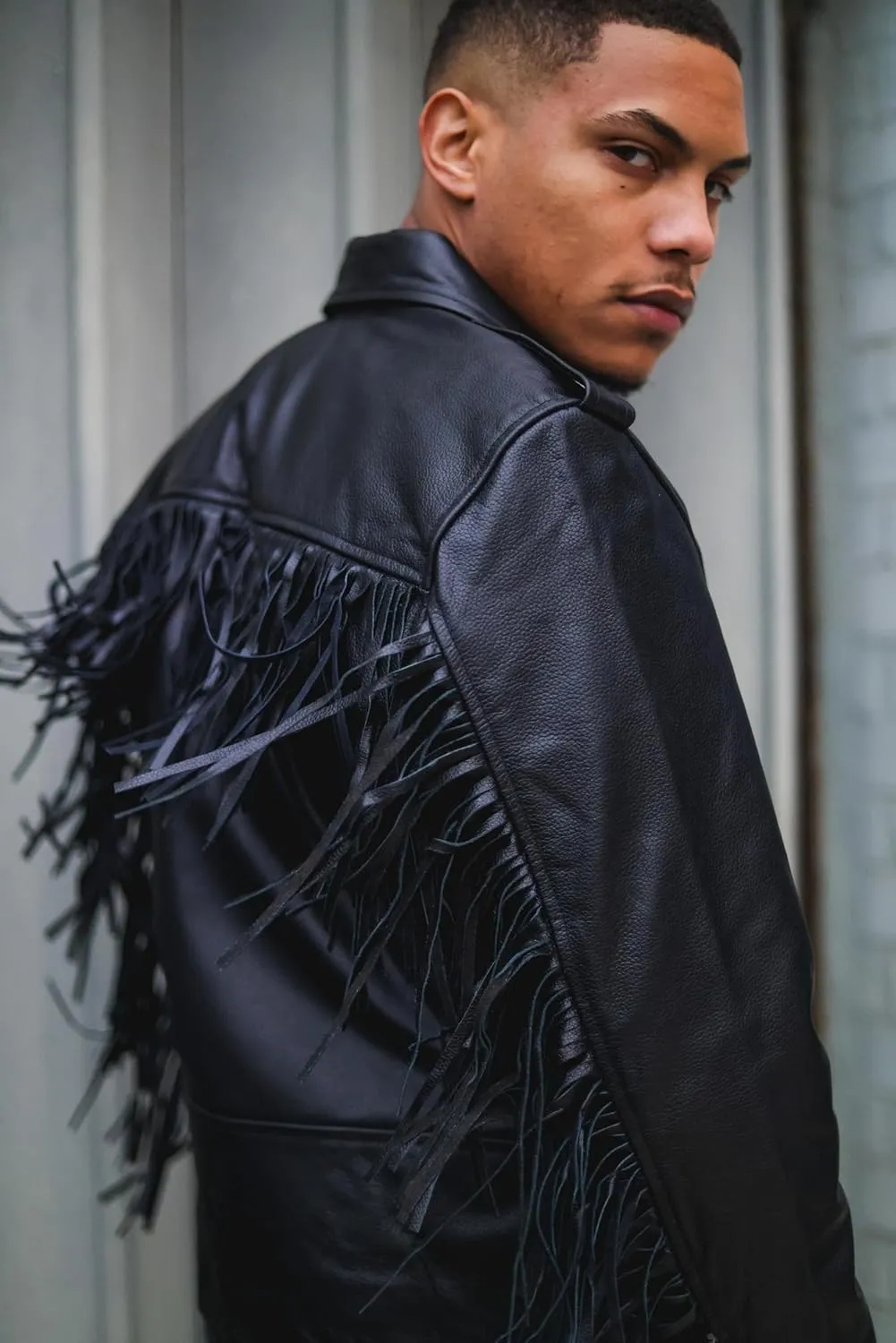 Mens Fringe Hide Leather Brando Tasseled Motorcycle Jacket Retro Biker