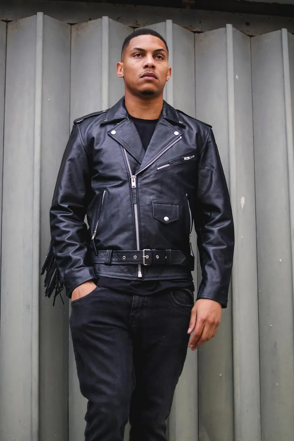 Mens Fringe Hide Leather Brando Tasseled Motorcycle Jacket Retro Biker