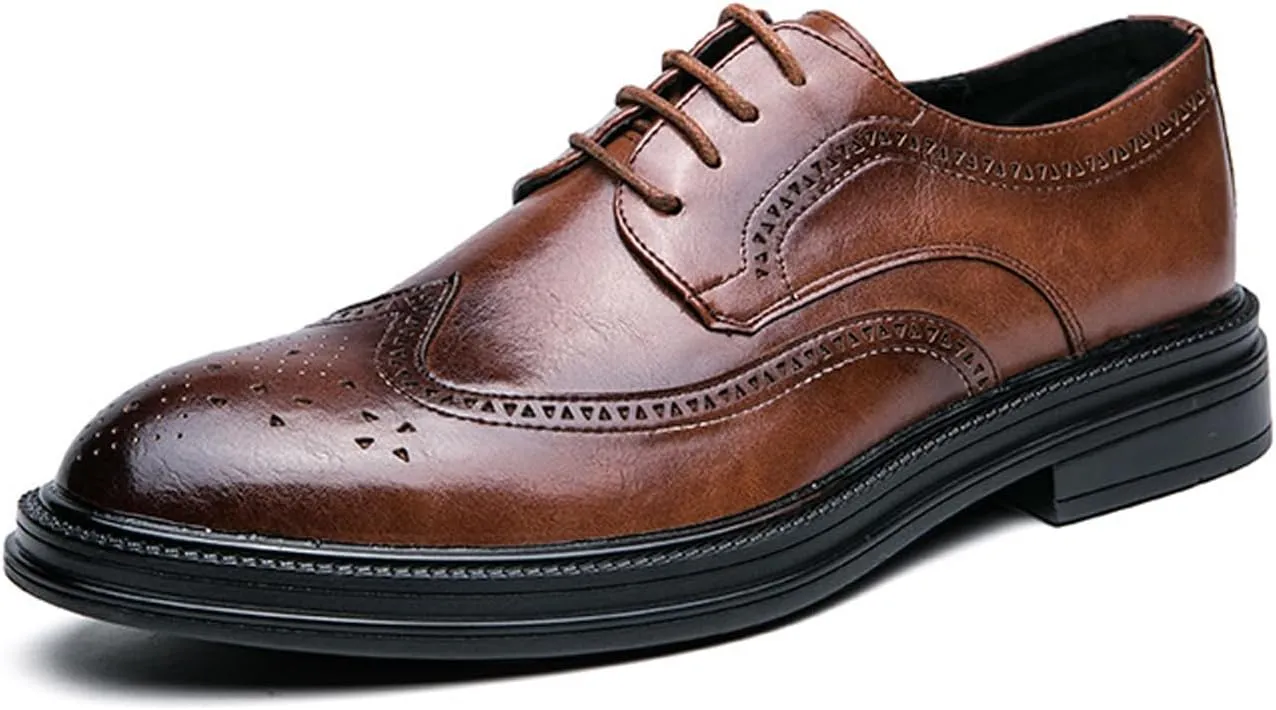 Men's Genuine Leather Wing Tips Two Tone Lace Up Oxfords Classic Round Toe Brogue Patchwork Derby Dress Shoes Casual Low Block Heel Business Work Office Shoes