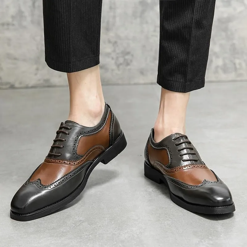 Men's Leather lace-up Oxford Shoes Classic Wingtip Two-Tone Patchwork Brogues Fashionable Toes Slip-on Leather Shoes