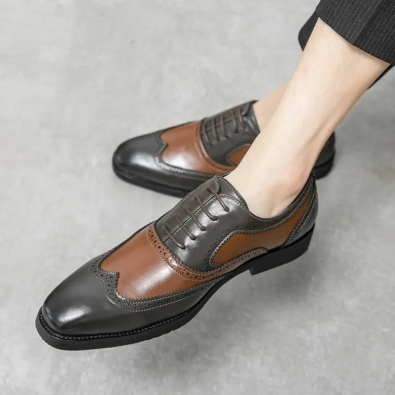 Men's Leather lace-up Oxford Shoes Classic Wingtip Two-Tone Patchwork Brogues Fashionable Toes Slip-on Leather Shoes