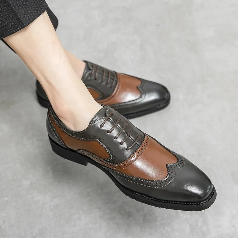 Men's Leather lace-up Oxford Shoes Classic Wingtip Two-Tone Patchwork Brogues Fashionable Toes Slip-on Leather Shoes