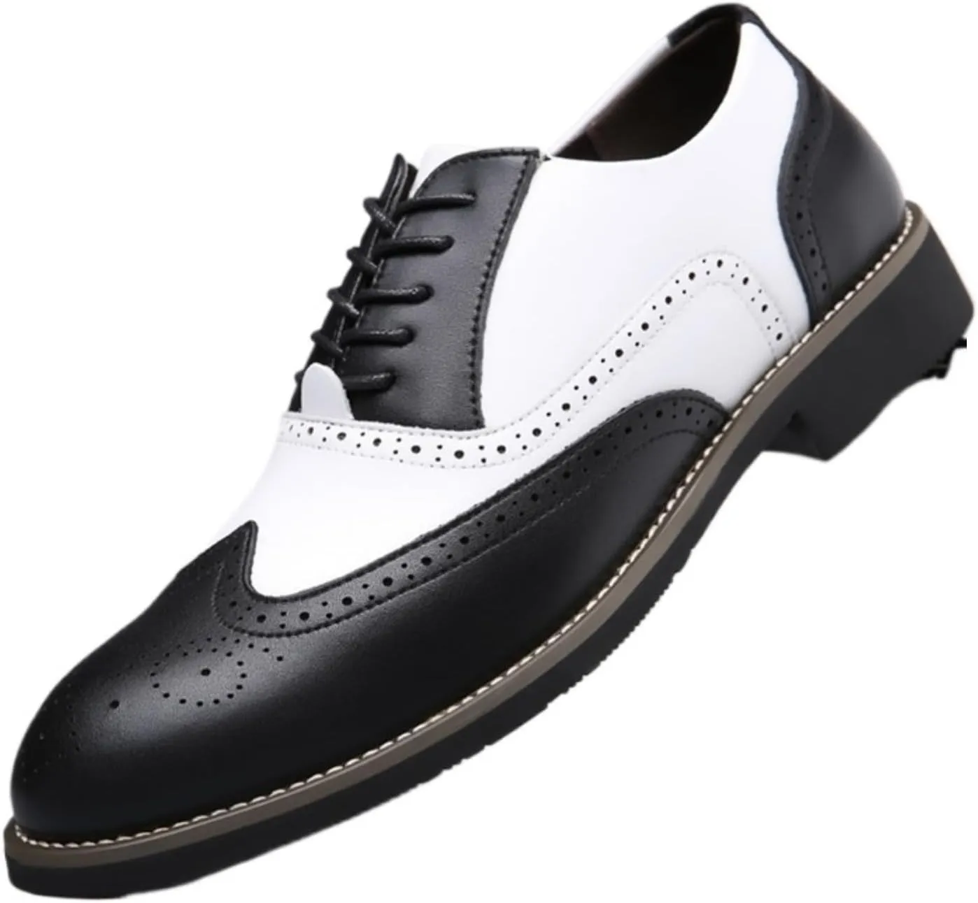 Men's Leather Perforated Lace-Up Wingtip Oxfords Pointed Toe Patchwork Two Tone Brogue Dress Shoes Comfortable Non-Slip Formal Business Derby Saddle Pumps