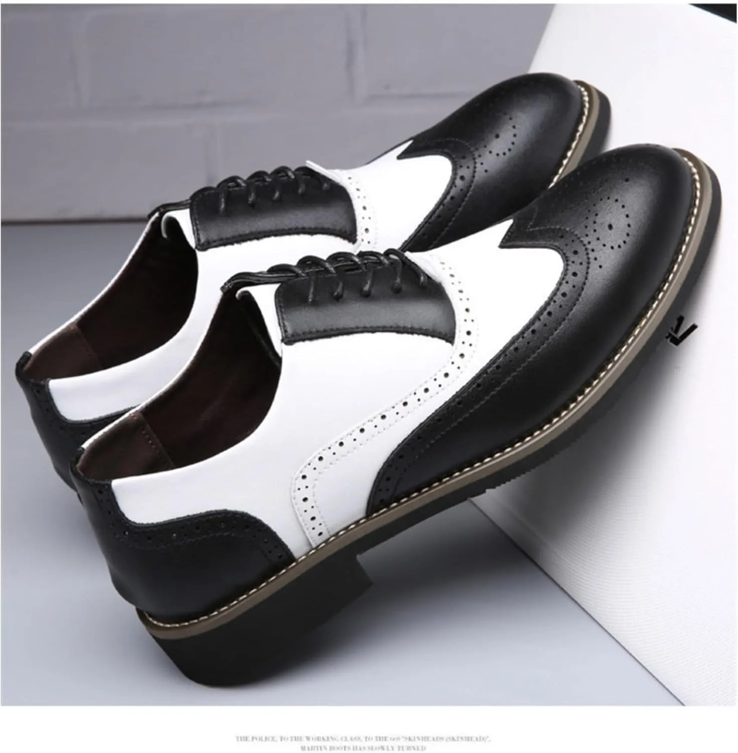 Men's Leather Perforated Lace-Up Wingtip Oxfords Pointed Toe Patchwork Two Tone Brogue Dress Shoes Comfortable Non-Slip Formal Business Derby Saddle Pumps