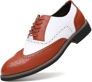 Men's Leather Perforated Lace-Up Wingtip Oxfords Pointed Toe Patchwork Two Tone Brogue Dress Shoes Comfortable Non-Slip Formal Business Derby Saddle Pumps