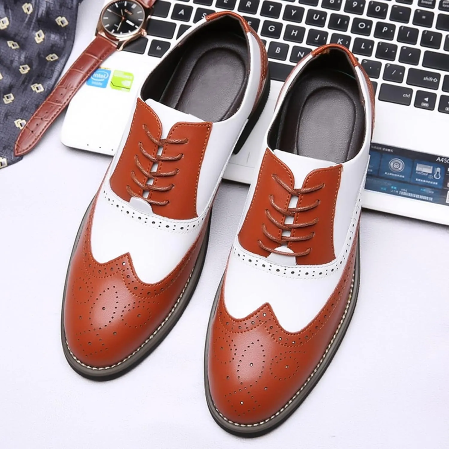 Men's Leather Perforated Lace-Up Wingtip Oxfords Pointed Toe Patchwork Two Tone Brogue Dress Shoes Comfortable Non-Slip Formal Business Derby Saddle Pumps