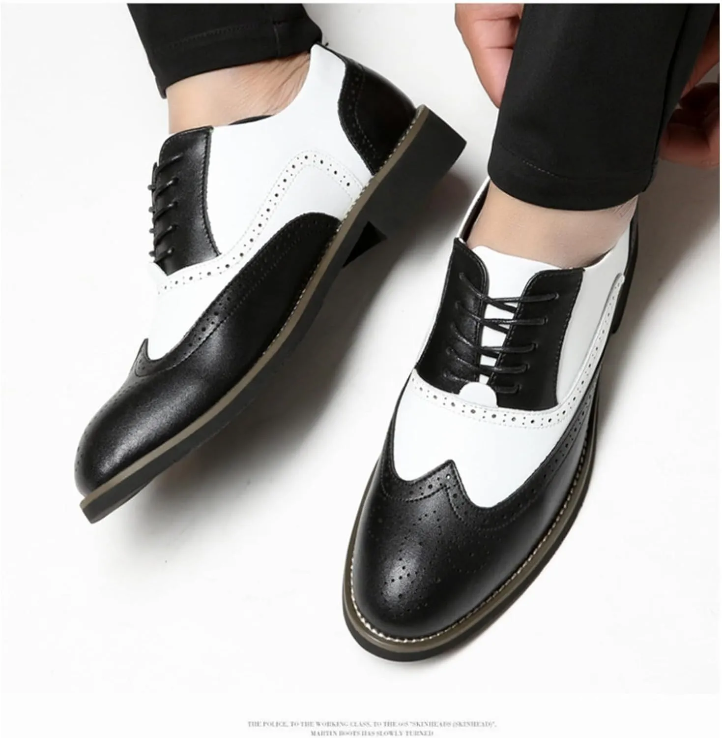 Men's Leather Perforated Lace-Up Wingtip Oxfords Pointed Toe Patchwork Two Tone Brogue Dress Shoes Comfortable Non-Slip Formal Business Derby Saddle Pumps