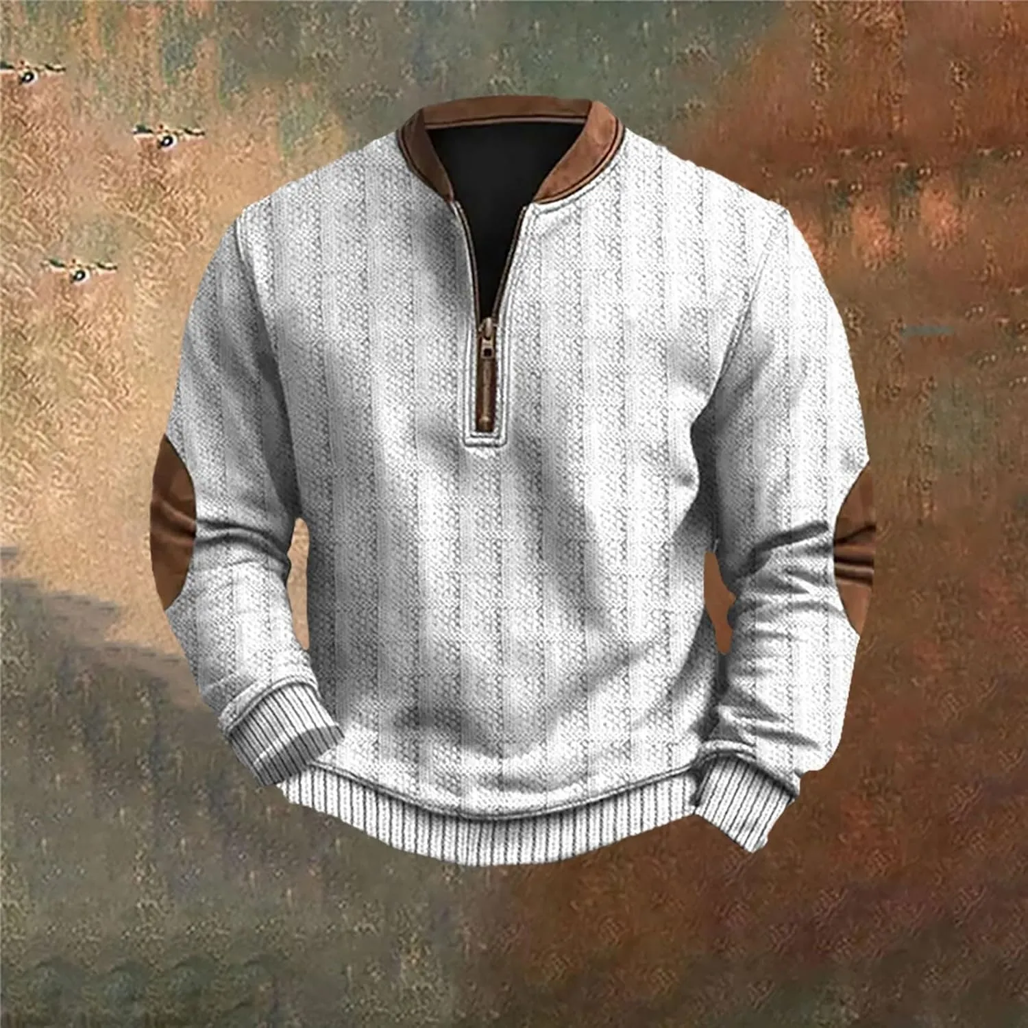 Men's Long Sleeve 1/4 Zip Pullover Sweater Vintage Stand Collar 3D Knit Pattern Sweater Casual Outdoor Sweatshirts