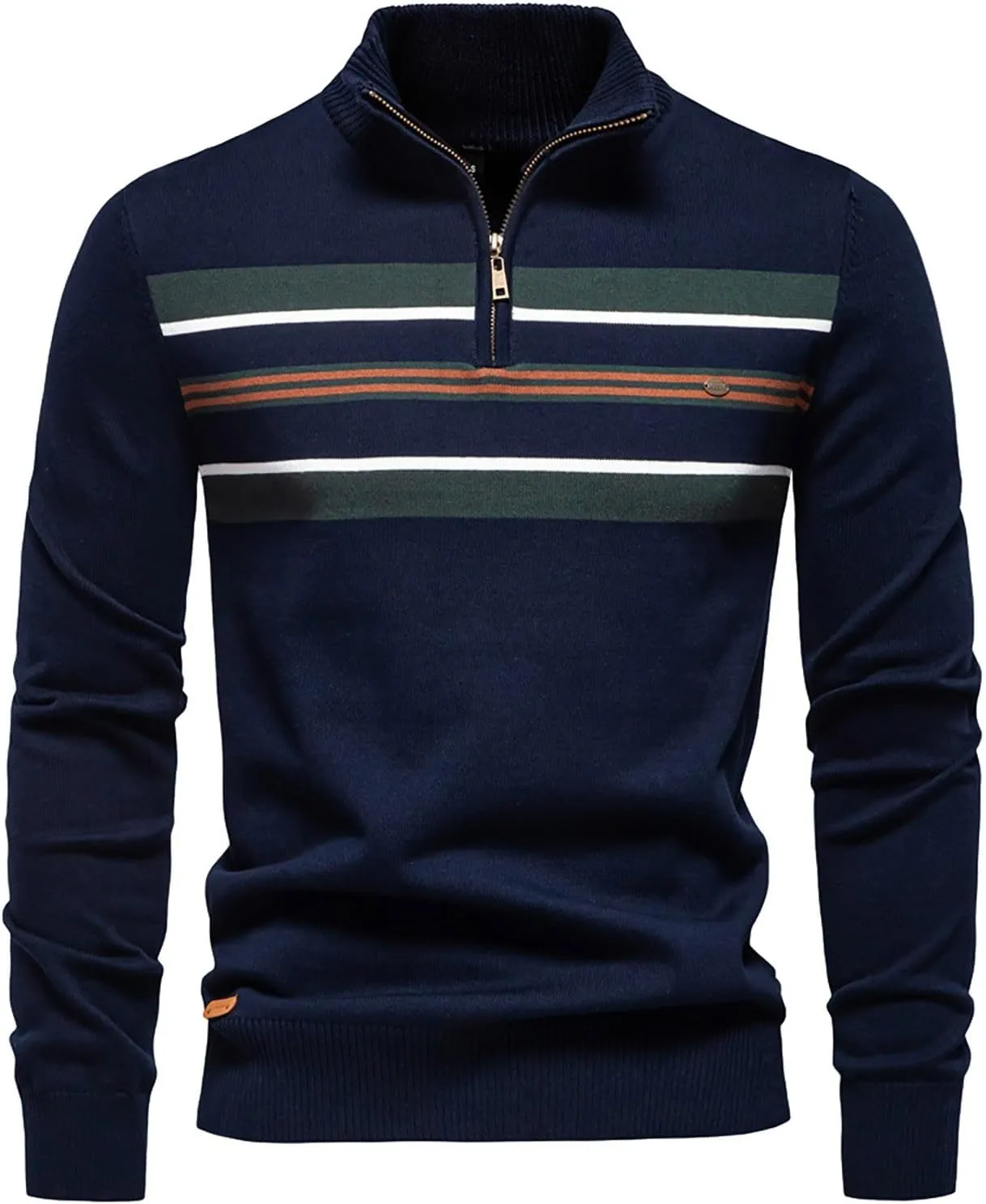 Mens Quarter Zip Sweater Striped Print Turtleneck Pullover Sweater Winter Long Sleeve Business Casual Knit Polo Shirt