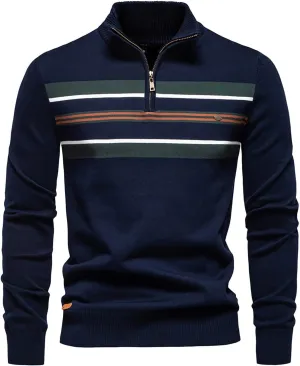 Mens Quarter Zip Sweater Striped Print Turtleneck Pullover Sweater Winter Long Sleeve Business Casual Knit Polo Shirt