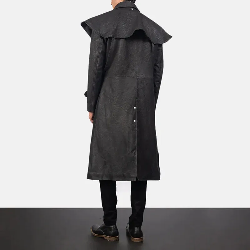 Mens Sheepskin Studded Black Leather Duster Coat