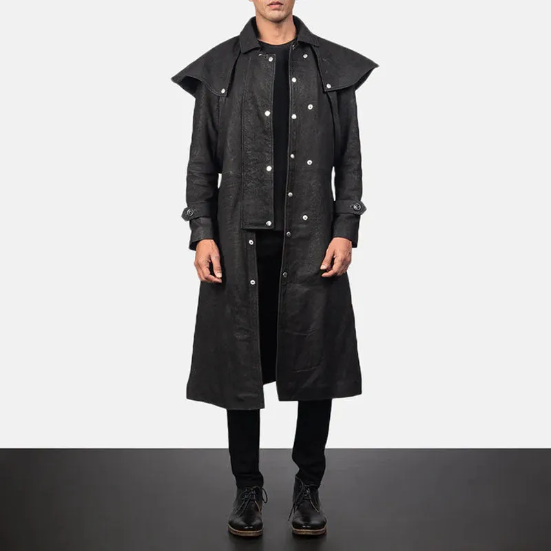 Mens Sheepskin Studded Black Leather Duster Coat