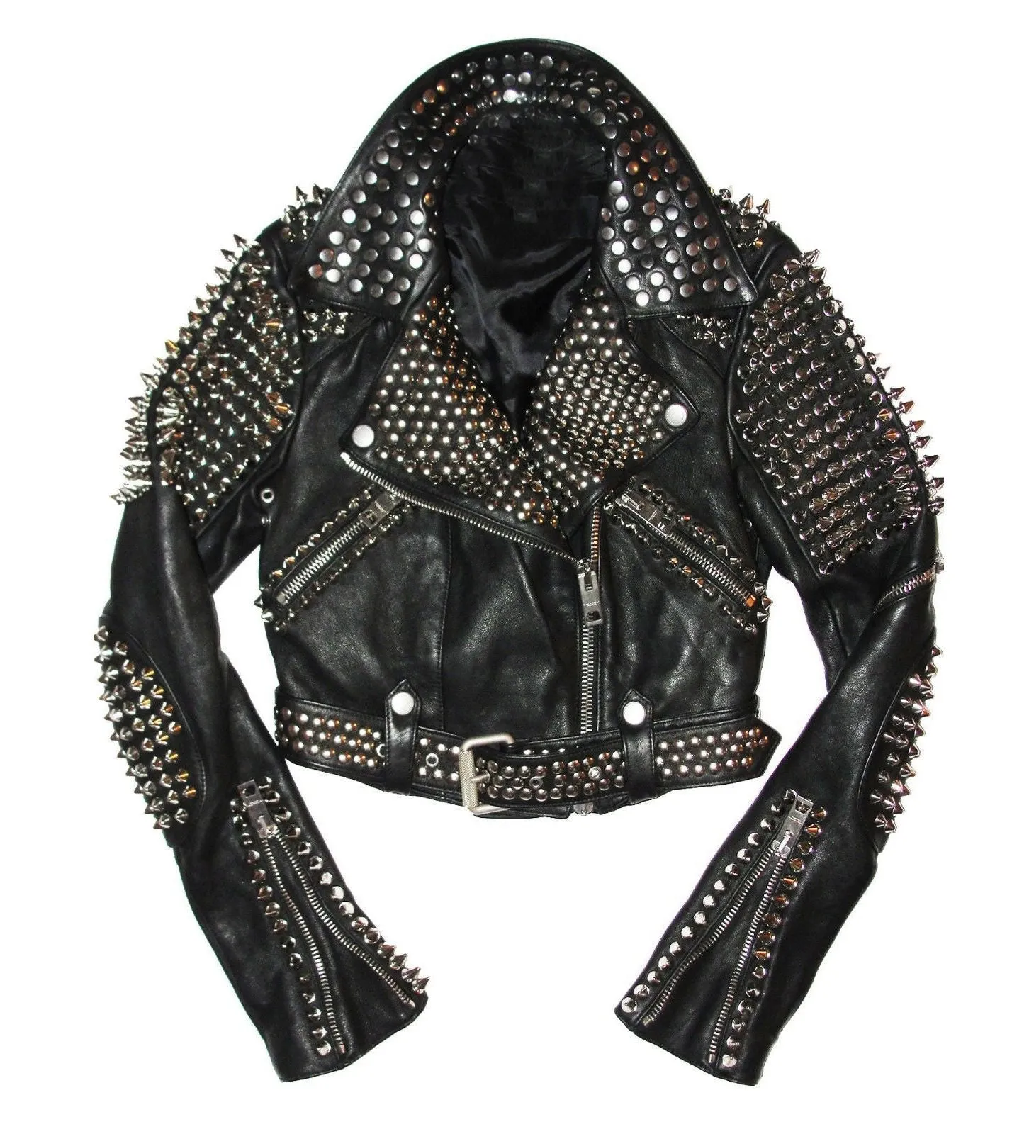 Men's Silver Studded Black Leather Rock Jacket
