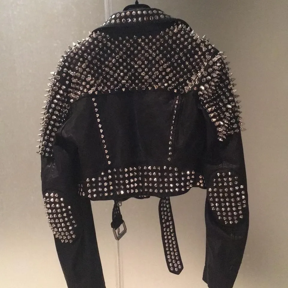 Men's Silver Studded Black Leather Rock Jacket