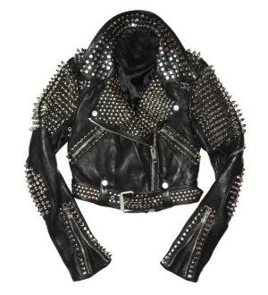 Men's Silver Studded Black Leather Rock Jacket