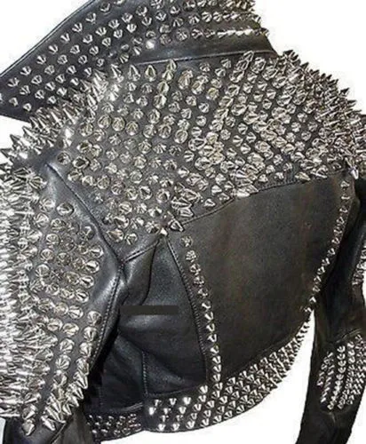 Men's Silver Studded Black Leather Rock Jacket